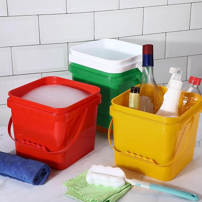 Mifoci 8 Pcs Plastic Bucket 5 Quart Square Cleaning Bucket Utility Small Pail with Handle for House Cleaning Storage Livestock Feeding Car Washing (Red,Yellow,White,Green)