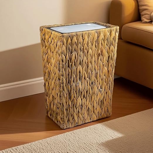 Wicker Trash Can,3 Gallon Wicker Waste Basket,Boho Handwoven Trash Can with Lid for Kitchen Bathroom Office