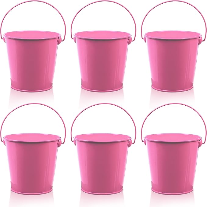 Small Metal Buckets with Handle 6 Pcs – Galvanized Bucket Leak Proof & Rust Resistant 20 fl oz Capacity - Best for Party Décor, Organizing & Decorating Classrooms (Pink, Small 4.3" Top)