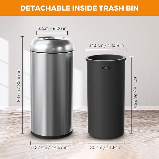 BEAMNOVA 16.5 Gallon Trash Can Black Open Top Outdoor Indoor Commercial Stainless Steel Industrial Waste Basket Container, Metallic Black Large Garbage Enclosure with Lid