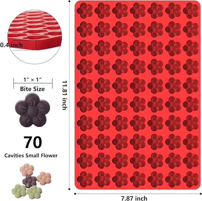 Flower Silicone Mold, Small Plum Blossom Shaped Flower Molds with 70 Cavities for Making Chocolate/Candy/Gummy/Cookie/Jelly/Ice Cube/Edible Flowers for Cake Decorating, Wintersweet Mold, with Scraper
