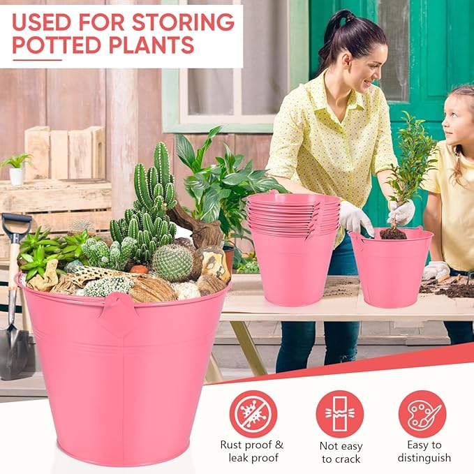 OBTANIM 7 Pack Pink Metal Buckets with Handle Galvanized Ice Pails for Plants, Succulents, Party Favors Organizing, Rustic Home Decor or Classrooms Pencil Storage (9.1 x 6.7 inch)