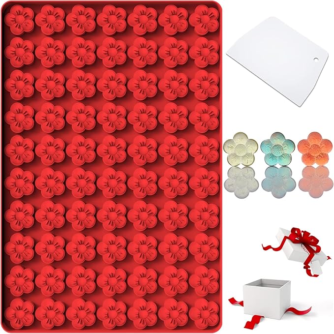 Flower Silicone Mold, Small Plum Blossom Shaped Flower Molds with 70 Cavities for Making Chocolate/Candy/Gummy/Cookie/Jelly/Ice Cube/Edible Flowers for Cake Decorating, Wintersweet Mold, with Scraper