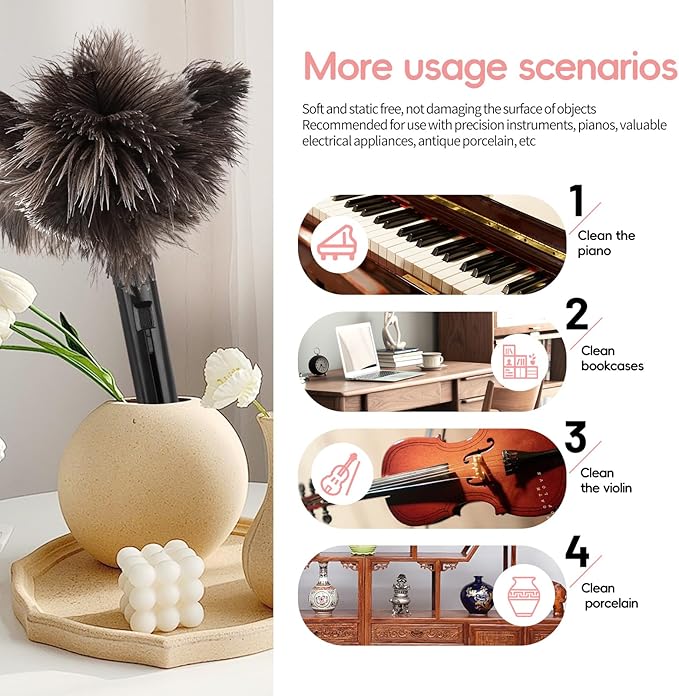 Retractable Feather Duster-Genuine Ostrich Feathers,Anti-Static,Reusable Eco-Friendly Handheld Cleaning for Keyboard,Home,Car,Office(10 to 15 Inches) 6 Pack