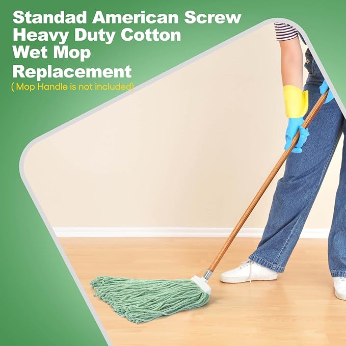 Matthew Cleaning Screw-on Heavy Duty Cotton Wet Mop Replacement Heads(Green, Large,12 Pack) with 2 Pack Microfiber Cloth for Residential & Commercial Floor Cleaning Use- Fit Standard American Screw