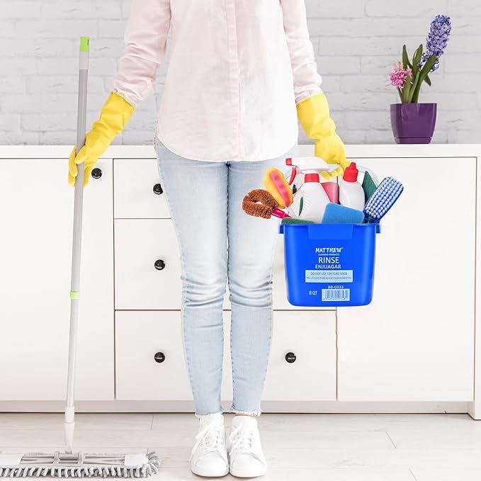 Matthew Detergent&Sanitizing Cleaning Bucket 8 Quart Plastic Pail,Set of 12 Square Containers,Built-in Spout w/Handle,Wash Rinse Sanitize Handwash Bucket for Home Office Commercial Restaurant (Blue)
