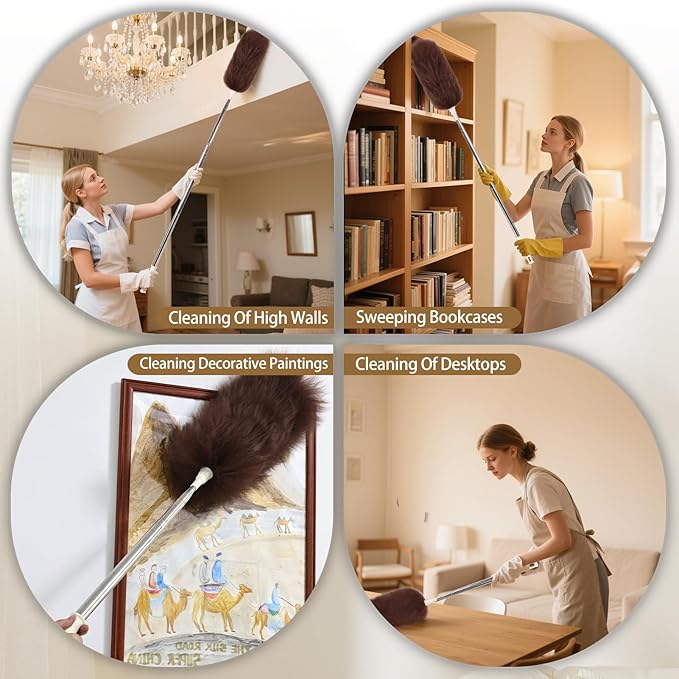 Extendable Lambswool Duster Stainless Steel Handle 133" Removable Feather Duster for Cleaning Ceiling Fans Interior Roof Furniture, Brown