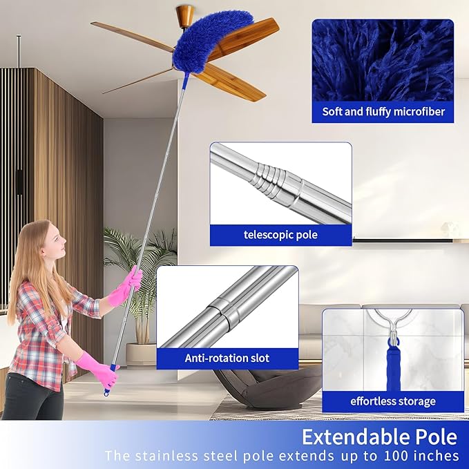 PHABLUS 10 PCS Dusters for Cleaning, Microfiber Duster with Extension Pole Up to 100'', Bendable Washable Cleaner Dusters for Ceiling Fans, High Ceiling, Furniture, Blinds