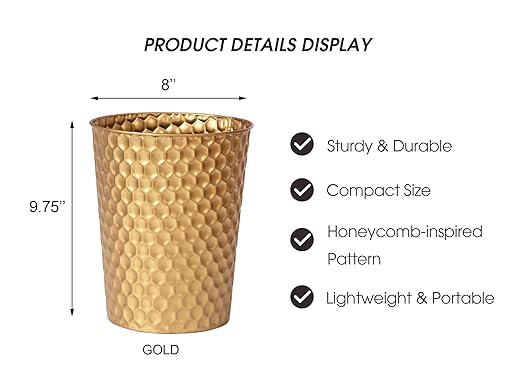 Small Metal Trash Can Wastebasket, Decorative Honeycomb Garbage Can Waste Basket, Modern Farmhouse Round Trash Bin for Bathroom, Bedroom, Kitchen and Office (Gold)