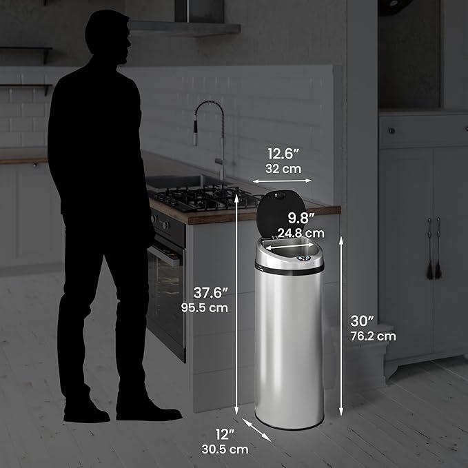 iTouchless 13 Gallon Sensor Garbage Can with Odor Control System, Stainless Steel, Round Touchless Automatic Trash Bin for Kitchen and Office