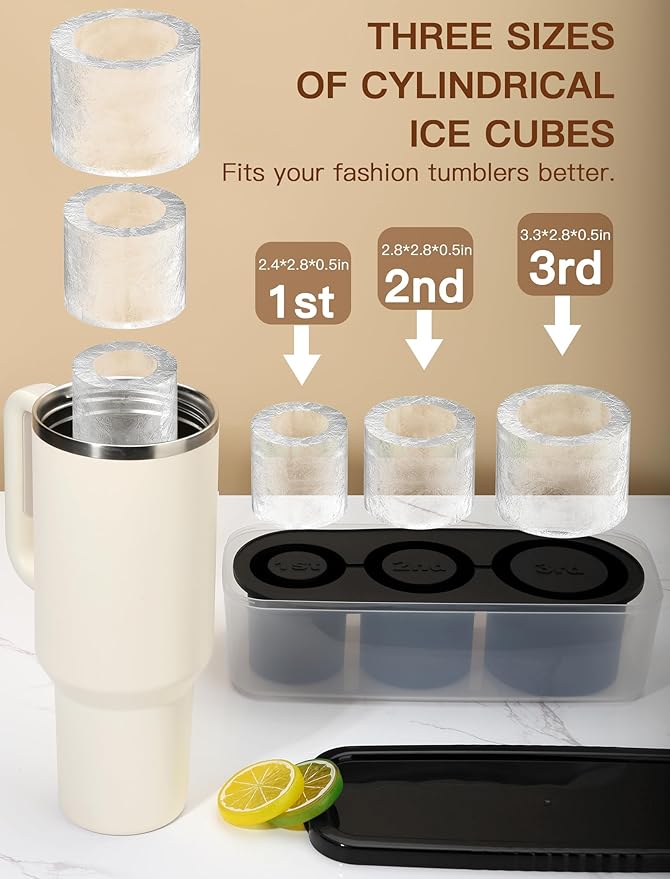 Ice Cube Tray for Tumbler Cup 30Oz-40Oz, 3 Pcs Silicone Cylinder Ice Mold with Lid and Bin for Freezer, Easy Fill and Release Ice Maker for Whiskey, Cocktail BPA-Free