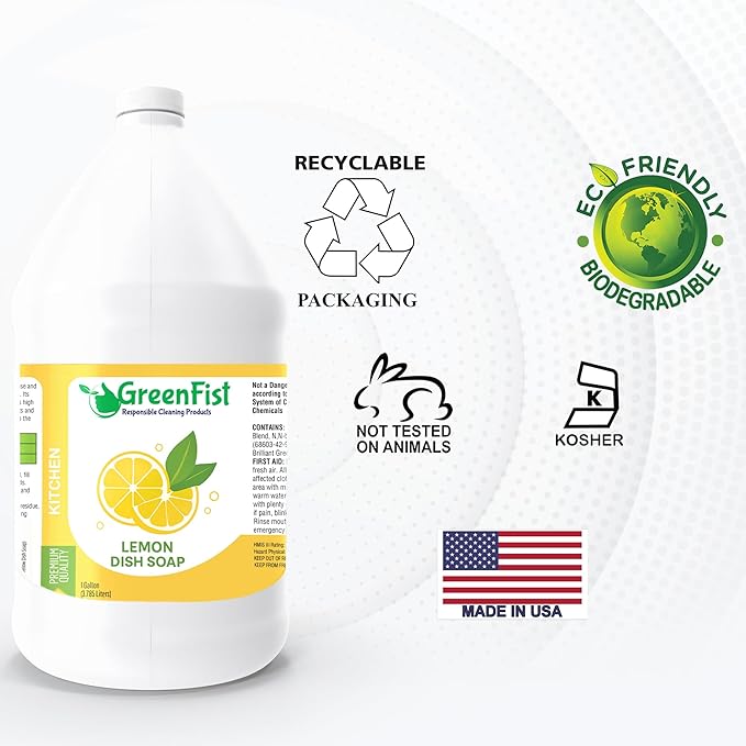 GreenFist Dish Soap Professional Detergent Liquid Pot & Pan Dish-Wash - Light or Heavy Use (Lemon, 1 Gallon)