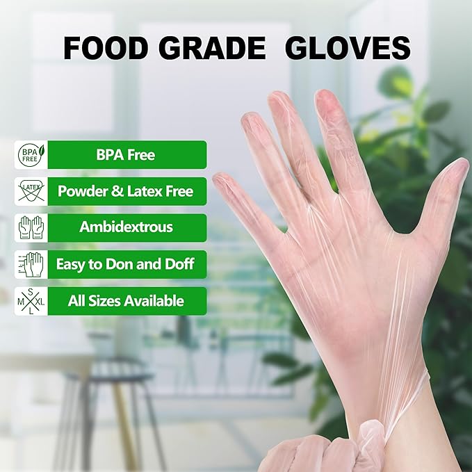 Disposable Vinyl Gloves, Food Safe, Latex-Free Powder-Free Clear Plastic Gloves for Cooking, House Clean, Food Prep