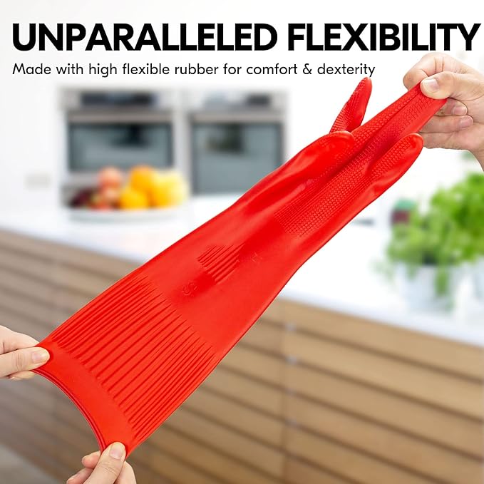 Vgo... 1-Pair Dishwashing Gloves, Reusable Household Gloves, Kitchen Gloves, Long Sleeve, Thick Latex, Cleaning, Washing, Working, Painting, Gardening, Pet Care (Size S,Red, RB2143)