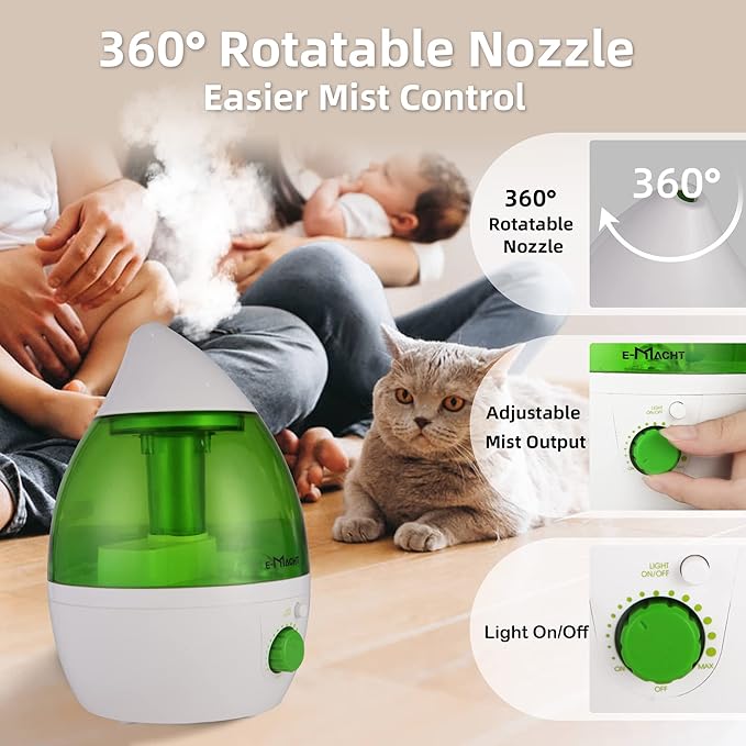 Cool Mist Humidifier for Bedroom & Small Rooms, Quiet 360° Rotation Nozzle, Adjustable, Night Light & Auto Shut-Off, Ideal for Office, Nursery & Plants