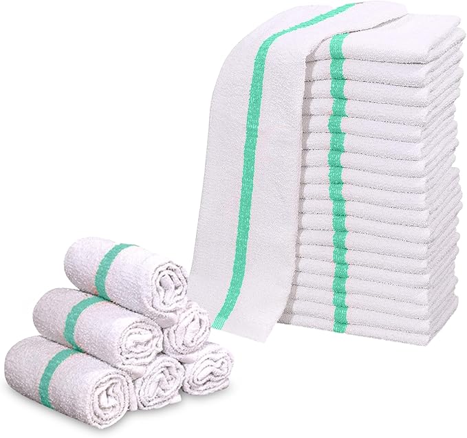 GOLD TEXTILES New Cotton Blend White Restaurant Bar Mops Kitchen Towels (12, Green Stripe)