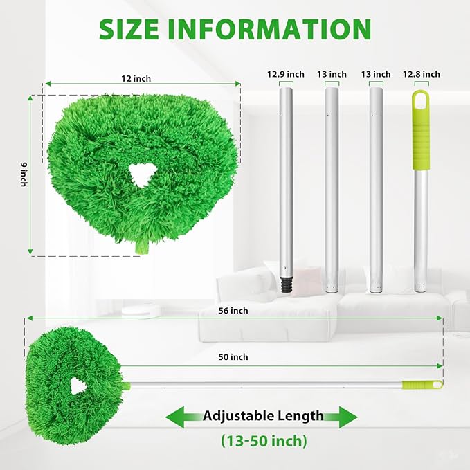 Ceiling Fan Cleaner Duster High Ceiling Extended Fan Blade Cleaner from 13 to 50 Inch Reusable Microfiber Ceiling Fan Duster with Extension Handle for Furniture Bookshelves Wall Door (Green)