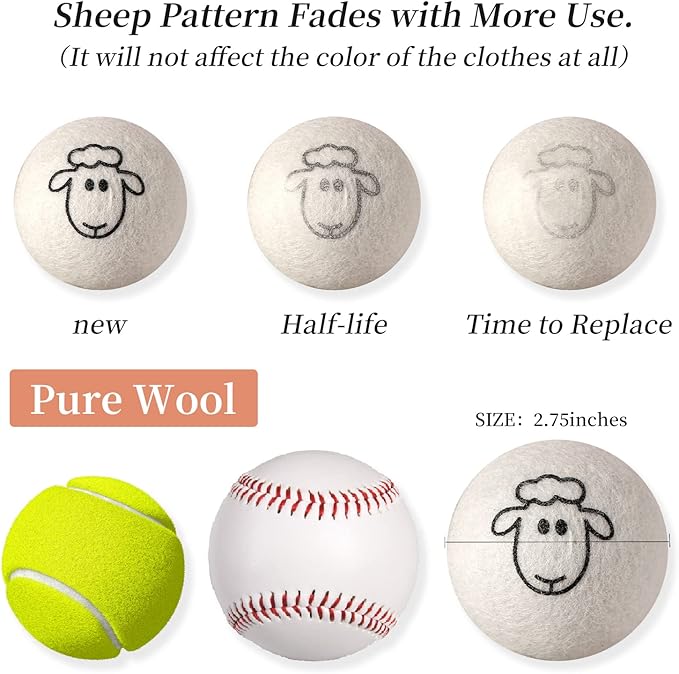 Dryer Balls Laundry Reusable, XL Wool Dryer Balls Cute, Fabric Softener Ball, Extra Large Dryer Balls with Animal Pattern, Shorten Drying Time, Organic Wool - Dry 1000+ Loads (6 Pack Sheep Pattern)