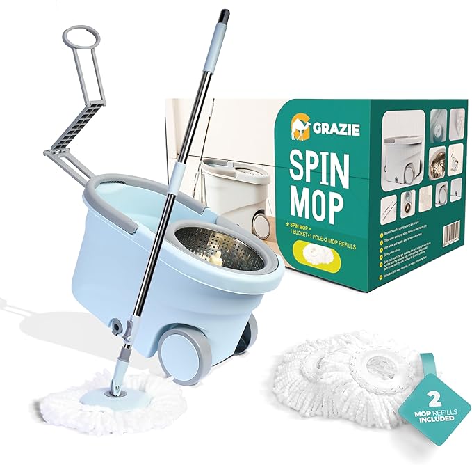 Spin Mop and Bucket with Wheels Wringer 360 Microfiber Mop with Stainless Steel Handle Self Wringing Cleaning System Bucket with Drain for Tile Hardwood Laminate Floors Includes 2 Mop Head Refills
