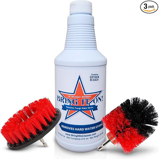 Bring It On Cleaner Water Spot Remover 16 Ounce, Plus 2 Drill Brushes, Drill Brush Attachment, Great Tile and Grout Cleaner, Tub and Shower Cleaner