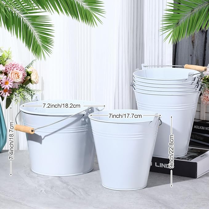 Zopeal 6 Pcs Large Metal Bucket Beer Bucket Galvanized Steel Pail with Handle for Gifts Basket Ice Candy Party(9 x 7 x 7 Inch,White)