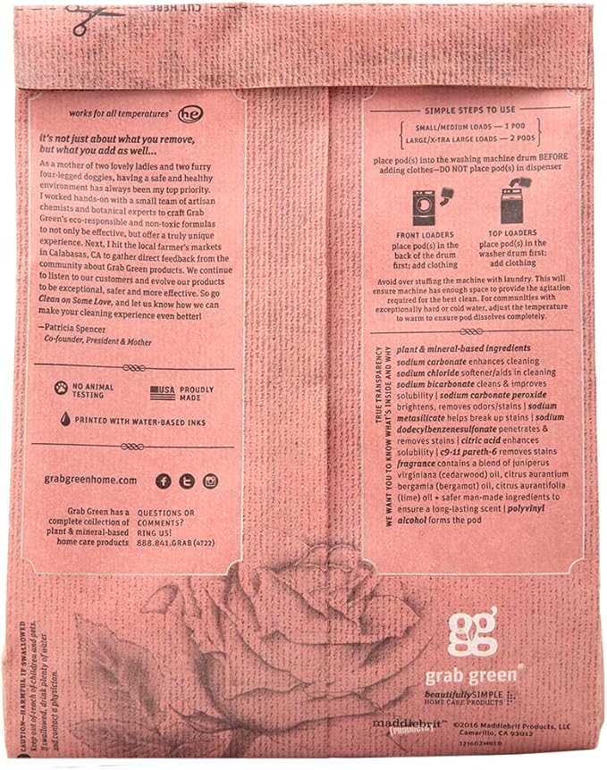 Grab Green Stoneworks Natural Laundry Detergent Powder Pods, Rose Petal, 50 loads