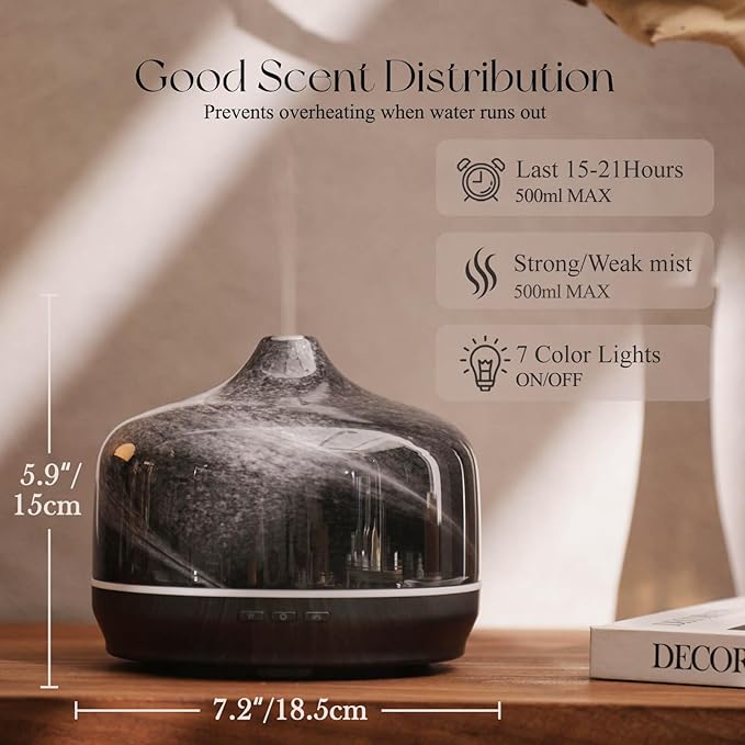 Porseme 500ml Glass Essential Oil Diffuser Aromatherapy Ultrasonic Cool Mist Humidifier 15-21 Running Hours Waterless Auto-Off Air Diffusers for Sleeping Yoga Office Working Spa and Rest (Obsidian)