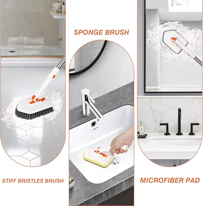 Shower Cleaner Brush, 3-in-1 Tile Tub Scrubber Brush with 51" Adjustable Long Handle, 3 Different Function Cleaning Heads, Scrub Brush for Bathroom, Kitchen, Walls, Bathtub, Sink
