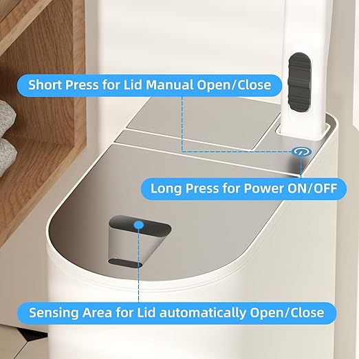Small Bathroom Trash Can - Motion Sensor 2 Gallon / 7L Garbage Bin with Lid, Automatic Touchless Bathroom Decor with Toilet Brush (White)