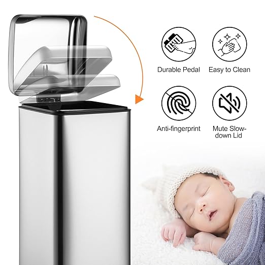 8 Gal/30L Slim Trash Can, Rectangular Step-On Stainless Steel Garbage Can, Soft-Close Lid, Anti-Fingerprint Surface, Recycling Bin with Removable Inner Basket, for Kitchen Dining Room, Silver