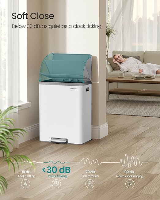 SONGMICS Trash Can, 2 x 8 Gallon (2 x 30 L) Double Garabge Can for Recycling and Waste, Stainless Steel, Soft-Close Lid, Inner Buckets, Wide Sturdy Pedal, Cloud White ULTB556W01