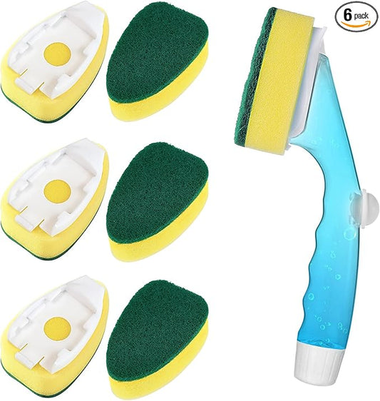 Non Scratch Dishwand Refills Handle, Dish Wand Refill Pack, 6 Heavy Duty Replacement Sponge Heads Set, Soap Dispenser Scrubbers, Dishwashing Scrub Dispensing Brush Pads, Dishwasher Cleaning Tool kit