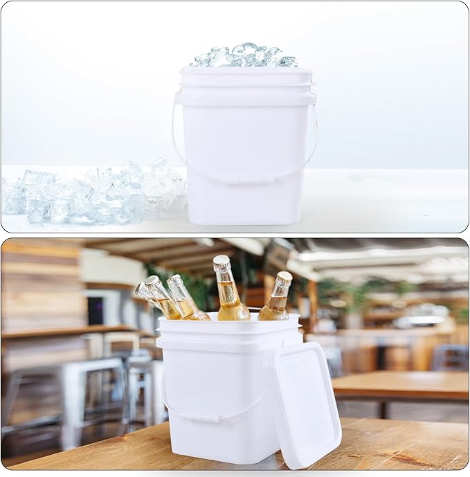 5 Gallon Square Plastic Food Bucket with Handles, 4 Pack Storage Container Pails with Lid, White