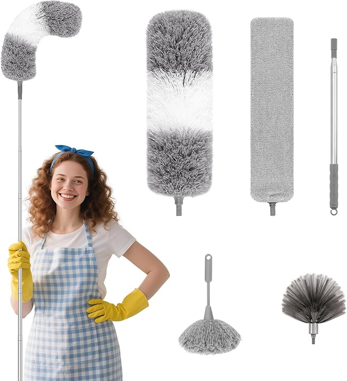 5PCS Dusters for Cleaning, Extendable Microfiber Duster with Extension Pole Up to 100'', Bendable Washable Cleaner Dusters for Cleaning Fan, High Ceiling, Blinds, Furniture, Car