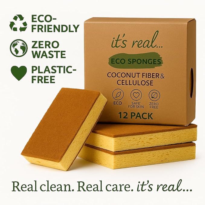 Eco Sponges – Coconut & Cellulose Kitchen Sponges, Biodegradable, Compostable, Plastic-Free Cleaning Scrubbers (12 Pack)