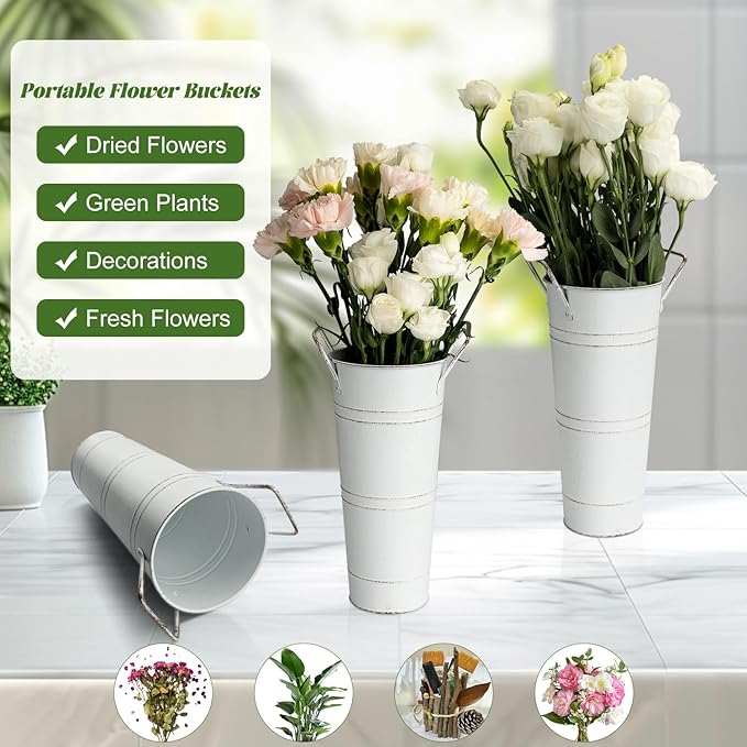 9 Inch Galvanized Metal Vases for Flowers - 8 Pcs Farmhouse Decorative Tall Flower Bucket with Handles, Rustic French Tin Planter Buckets for Table Weddings Home Decor (White, 8 Pcs 9inch)
