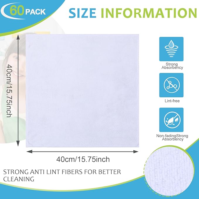 Nuenen Microfiber Cleaning Cloths for Cars 16 x 16 Inch Ultra Absorbent Car Towels Drying Reusable Cleaning Supplies House Kitchen Window Microfiber Towel(White,60 Pcs)