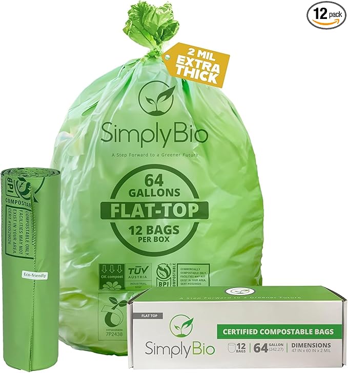 64 Gallon Compostable Trash Bags Flat-Top, Heavy Duty Extra Thick 2 Mil, 242.27 Liter, 12 Bags, Large Lawn and Yard Waste Bag, ASTM D6400, US BPI and OK Compost Home Certified