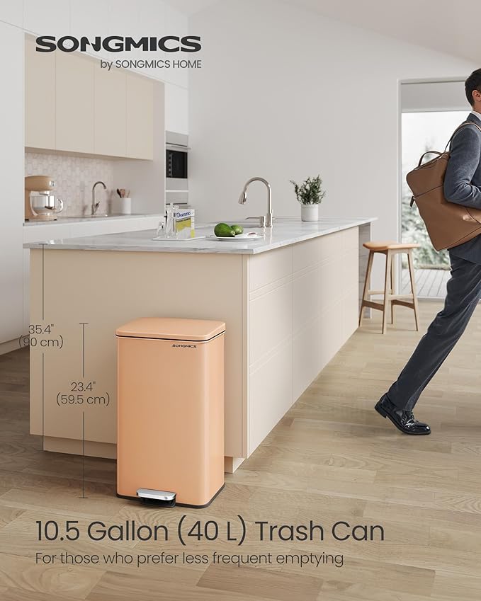 SONGMICS Kitchen Trash Can, 10.5 Gallon (40 L) Garbage Can, Large Step Trash Bin with Lid, Stainless Steel, Soft Close, 15 Trash Bags Included, Peach Fuzz ULTB540R01