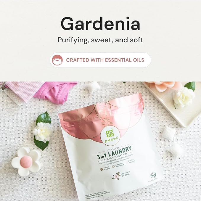 Grab Green 3-in-1 Laundry Detergent Pods, 60 Count, Gardenia Scent, Plant and Mineral Based, Superior Cleaning Power, Stain Remover, Brightens Clothes