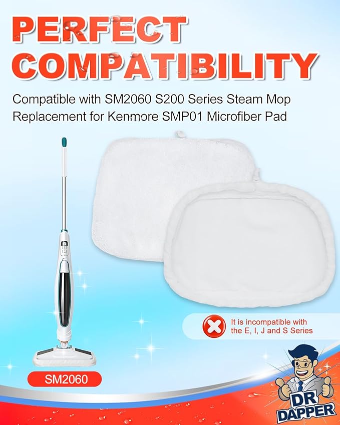DR DAPPER 2 Pack SMP01 Steam Mop Replacement Pads Compatible with Kenmore SM2060 S200 Series – Washable Mop Pads & Steam Mops Pad for Hardwood Floors