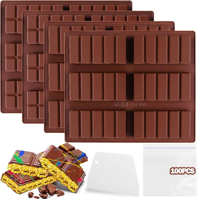 Mity rain 4pcs Chocolate Bar Mold Deep, Silicone Thick Chocolate Bar Mold for Stuffed Bar, Knafeh Pistachio Chocolate Bar Break Apart Candy Bar Molds with 100pcs Storage Bags + 1pc Scraper, Brown