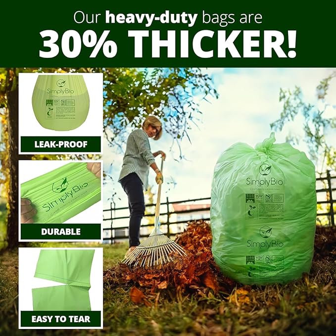 64 Gallon Compostable Trash Bags Flat-Top, Heavy Duty Extra Thick 2 Mil, 242.27 Liter, 12 Bags, Large Lawn and Yard Waste Bag, ASTM D6400, US BPI and OK Compost Home Certified