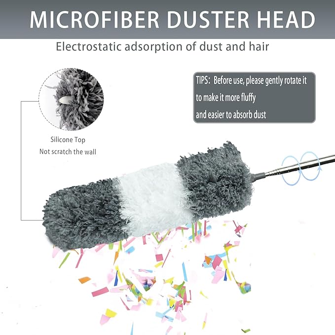 Cobweb Duster with Extension Pole,100" Ceiling Fan Duster Kit with 3 Heads,Bendable Ceiling Fan Cleaner Duster,Washable Reusable Dusting Pole for High Ceiling and Walls Furniture Home