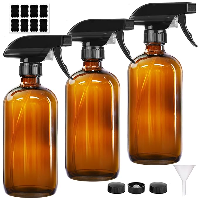 PrettyCare 3 pcs 8 Oz Amber Glass Spray Bottles, Refillable Empty Spray Bottles with Adjustable Nozzle & Lables for Cleaning, Leak-Proof Design for Essential Oils, Facial Hydration Hair Aromatherapy