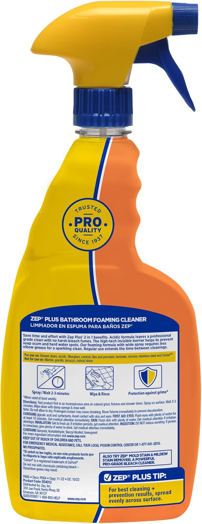 Zep Plus Bathroom Foaming Cleaner - 32 OZ (Case of 12) - R54012 - Keep Your Bathroom Clean + Protect From Future Soap Scum Buildup