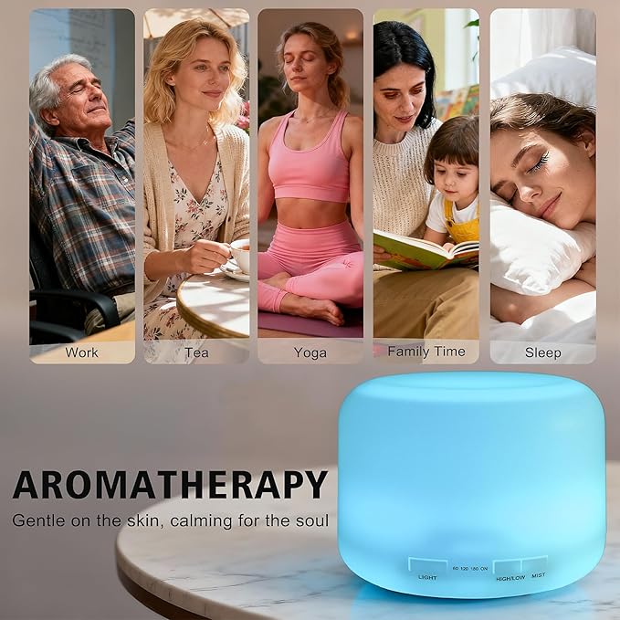 500ML Essential Oil Diffuser, Humidifiers for Bedroom, Office, Scent Diffuser for Home Hotel Spa Yoga Room with Remote Control, 7 LED Colors Light, Timer and Auto-Off Switch -White Bottom