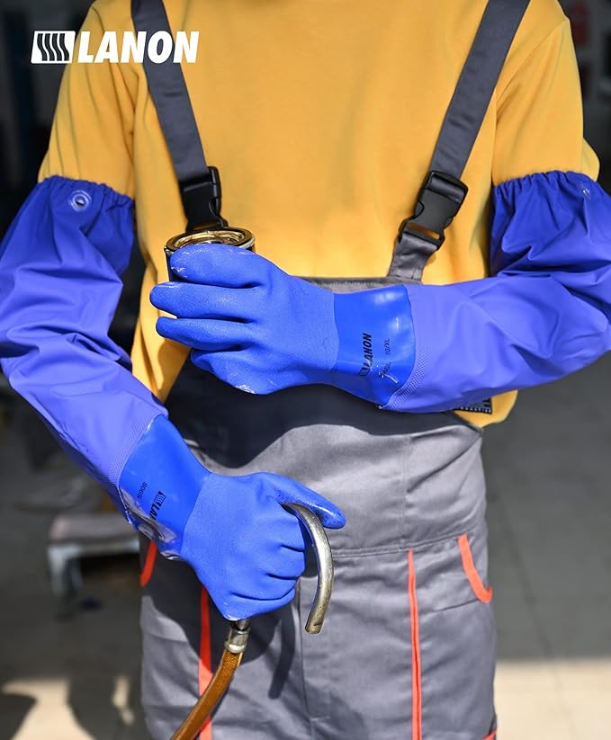 LANON 26" Elbow Length PVC Chemical Resistant Gloves, Heavy-Duty Long Rubber Gloves, Acid, Alkali & Oil Protection, Large