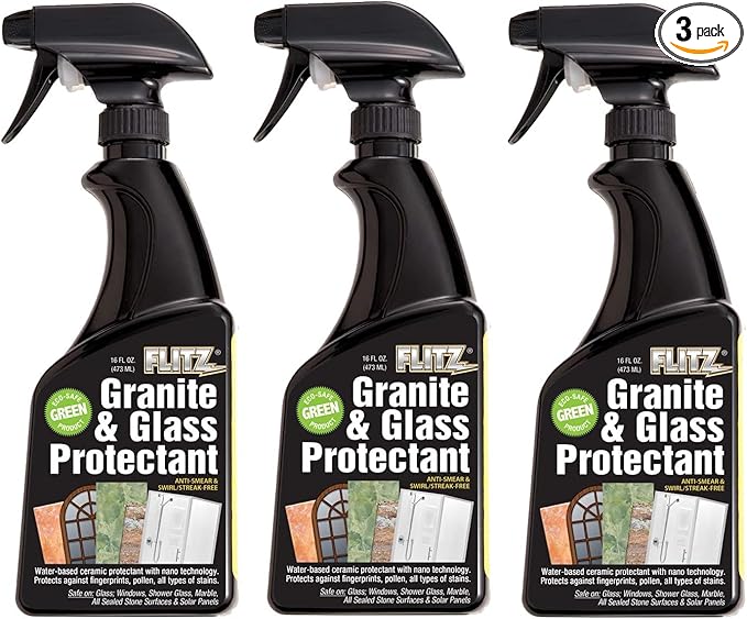 Flitz Granite & Glass Protectant - 16oz Bottle of USA-Made Granite Sealer and Glass Countertop Protector - Cleans & Prevents Liquid, Stains, & Others - Also Works on Marble & All Metals (3 Pack)