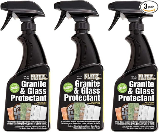 Flitz Granite & Glass Protectant - 16oz Bottle of USA-Made Granite Sealer and Glass Countertop Protector - Cleans & Prevents Liquid, Stains, & Others - Also Works on Marble & All Metals (3 Pack)